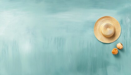 Straw hat with shells, and teal background.