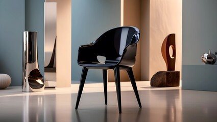 A contemporary interior with muted blue walls, sculptural accents, and a sleek black chair. A blend of modern design and warm details for a stylish, minimalist setting.realistic portrait 
 
