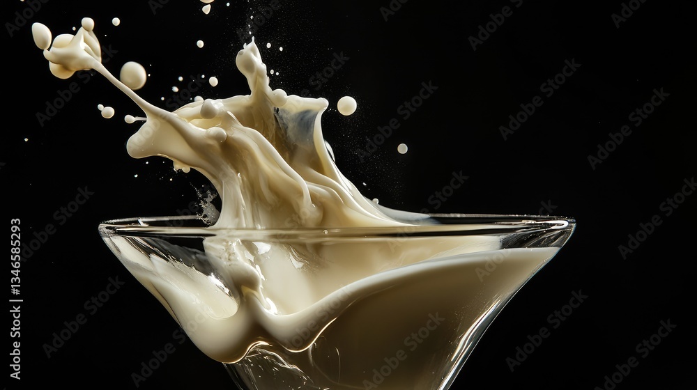 Poster a splash of milk forms a creamy texture as it falls into a glass, captured mid-motion with smooth, f