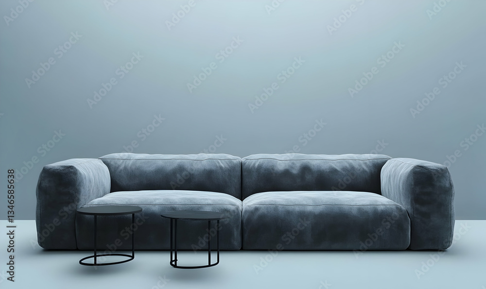 Poster minimalist gray sofa with two side tables against an empty wall background, 3d rendering mockup for 