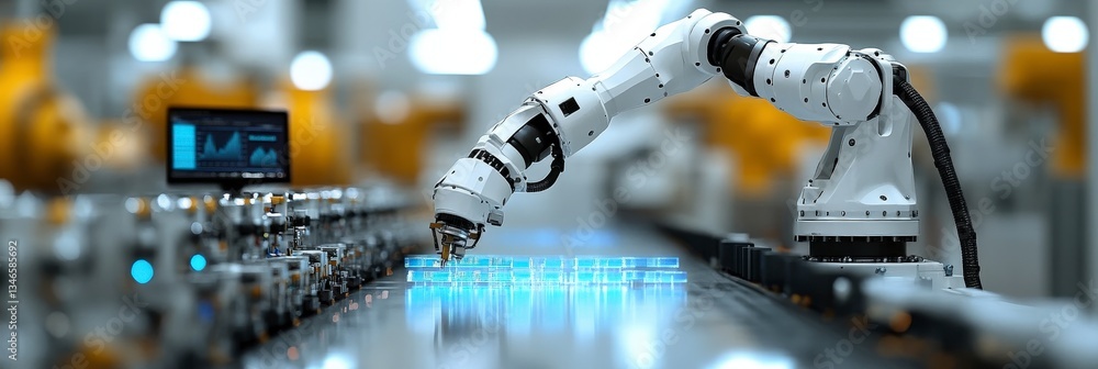 Poster advanced robotic arm assembling with bright precision
