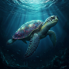 Obraz premium Tortoise in the Deep Ocean - A Cosmic Journey