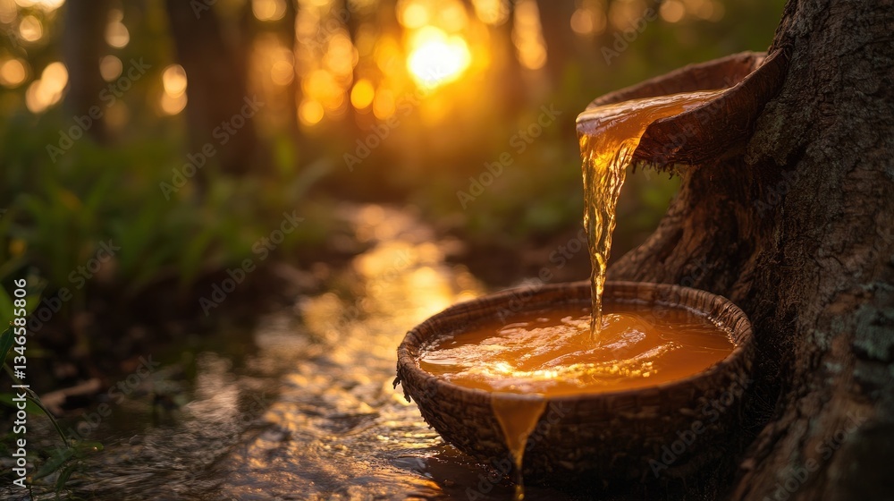 Aufkleber A stream of rubber sap flowing from a tree into a collection bowl, bathed in the warm glow of a sunset in a tranquil forest setting.