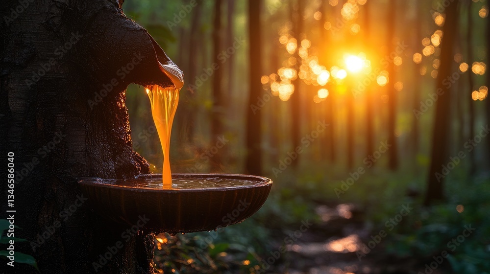 Aufkleber A stream of rubber sap flowing from a tree into a collection bowl, bathed in the warm glow of a sunset in a tranquil forest setting.