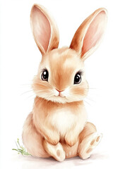 Obraz premium Watercolor illustration of a cute rabbit on a white background, featuring soft pastel tones and delicate brush strokes for a charming artistic look