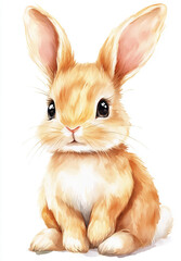 Obraz premium Watercolor illustration of a cute rabbit on a white background, featuring soft pastel tones and delicate brush strokes for a charming artistic look