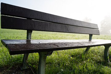 Fototapeta premium Wet bench with morning dew in the mountains