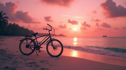 Obraz premium Dreamy Pink Sunset Beach Bike Ride - Tropical Ocean View