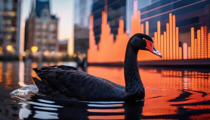 A black swan swimming in an urban pond with stock market graphs reflecting in the water