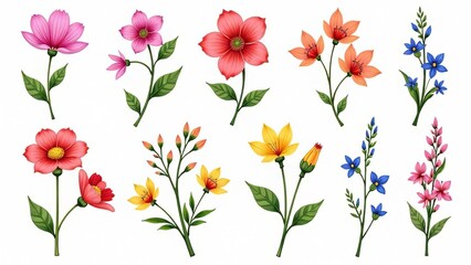 
Set of flowers wild flowers, branches leaves, foliage on white background.