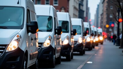 Obraz premium cars on the road, Transportation: Parked white commercial vans line up with headlights visible in the city.