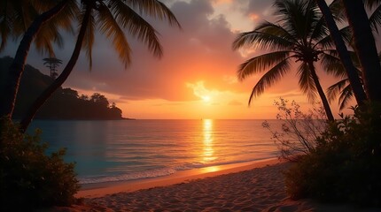 Breathtaking Tropical Beach Sunset Palm Trees Golden Ocean Landscape