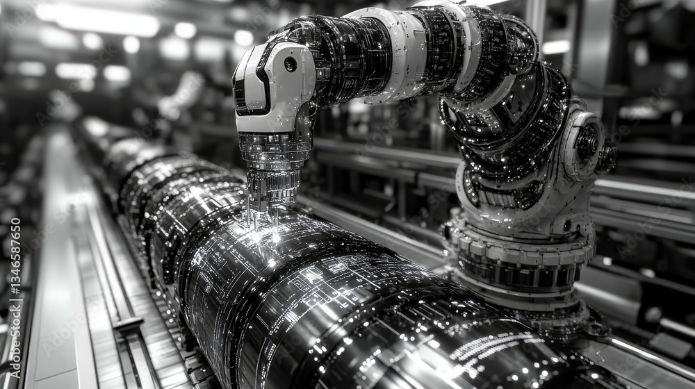 Poster robotic arm working on circuit in futuristic factory.