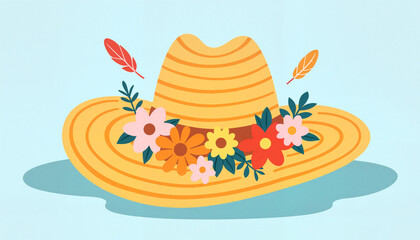 Whimsical straw hat adorned with flowers against sky-blue background, summer fun
