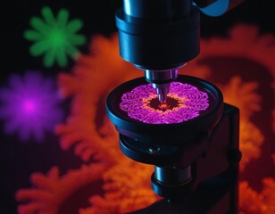 Close-up of a microscope capturing vibrant, intricate patterns in vivid pink and green hues.