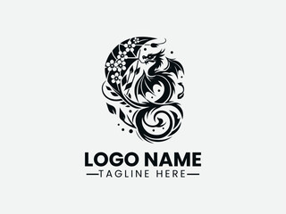 phoenix silhouette with floral branch within oval frame. Mythical logo