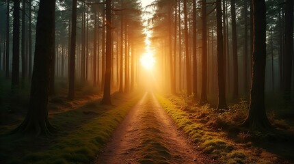 Fototapeta premium Morning Sunlit Forest Path Golden Light Rays Serene Forest Landscape