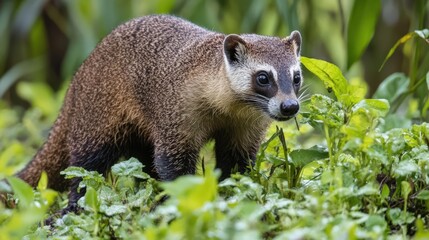 Fototapeta premium A brown and tan animal stands in the green foliage