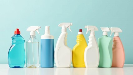 multi-colored bottles of household cleaning products.