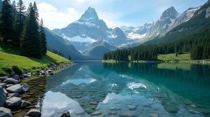 Serene Mountain Lake in Swiss Alps - Stunning Alpine Landscape with Snow Capped Peaks, Pine Trees and Crystal Clear Water Reflection