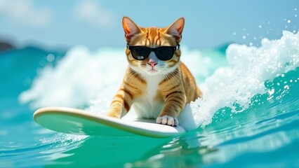 A ginger cat wearing sunglasses surfs in the ocean in summer.