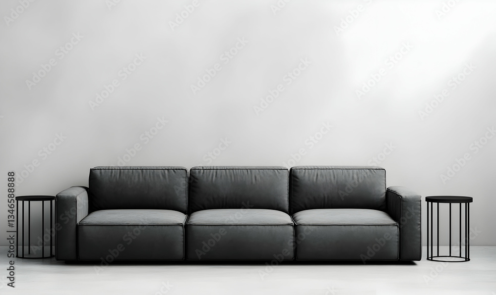 Poster minimalist gray sofa and side tables against an empty wall background with copy space, 3d rendering,