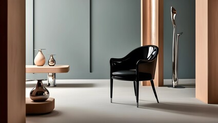A contemporary interior with muted blue walls, sculptural accents, and a sleek black chair. A blend of modern design and warm details for a stylish, minimalist setting.realistic portrait 
 