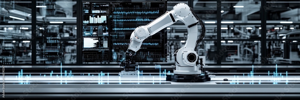 Poster robotic arm working in a tech-equipped assembly line
