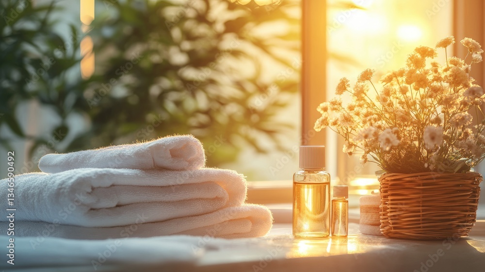 Poster a tranquil spa setting with soft sunlight streaming in, featuring a clear bottle of essential oil, n