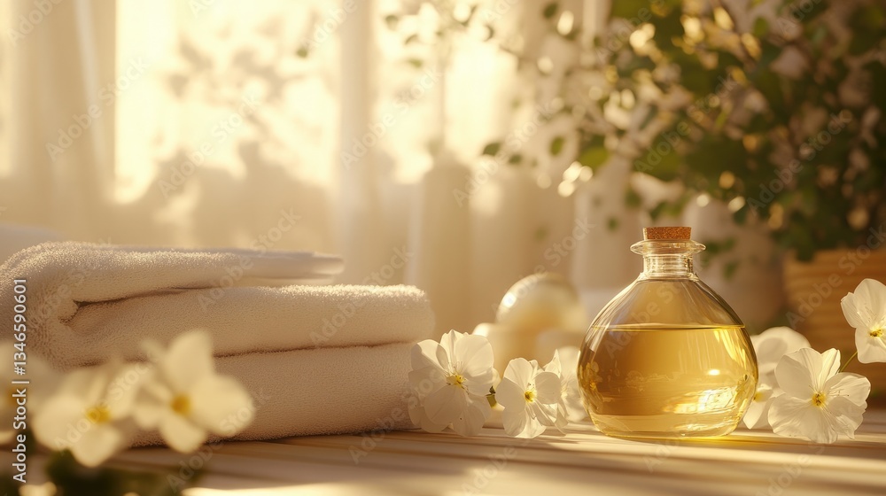 Poster a tranquil spa setting with soft sunlight streaming in, featuring a clear bottle of essential oil, n