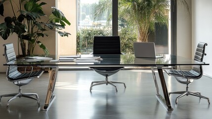 A premium office table with a thick glass-reinforced MDF top and a steel support frame