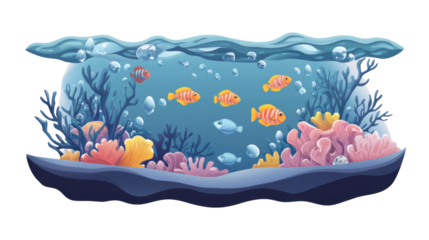 Colorful fish swimming over coral reef in transparent underwater scene