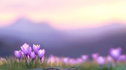 Obraz premium Purple Crocus Flowers Blooming in Alpine Meadow at Sunrise with Soft Pastel Mountain Background.