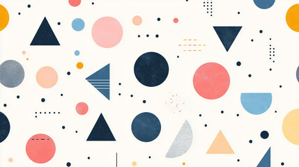 Seamless pattern of pastel geometric shapes, circles and triangles, white background