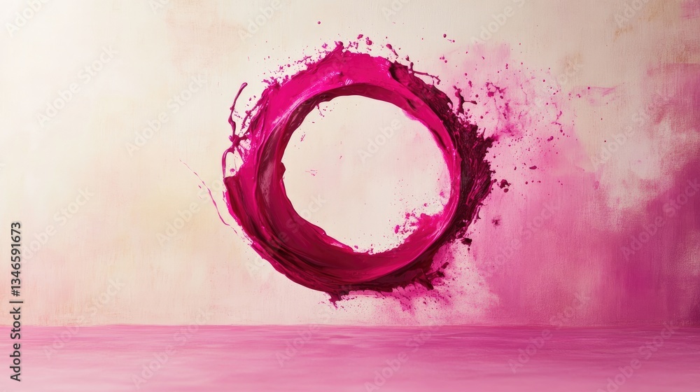 Poster A vibrant pink paint splash forms a circle, creating an abstract and minimalist design against a neutral backdrop.