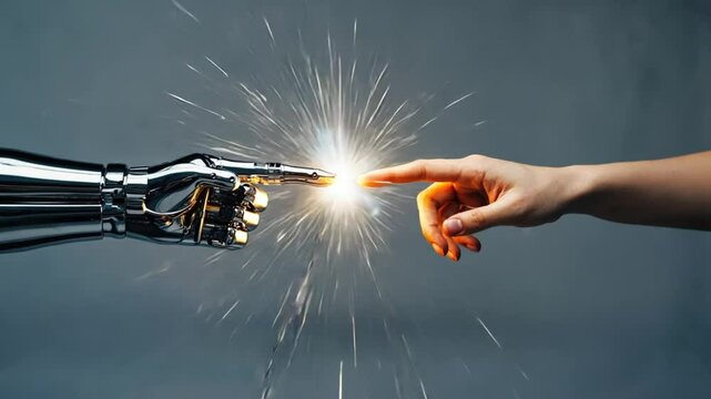 Robot and Human Hand Touching with Sparks - Artificial Intelligence Concept
