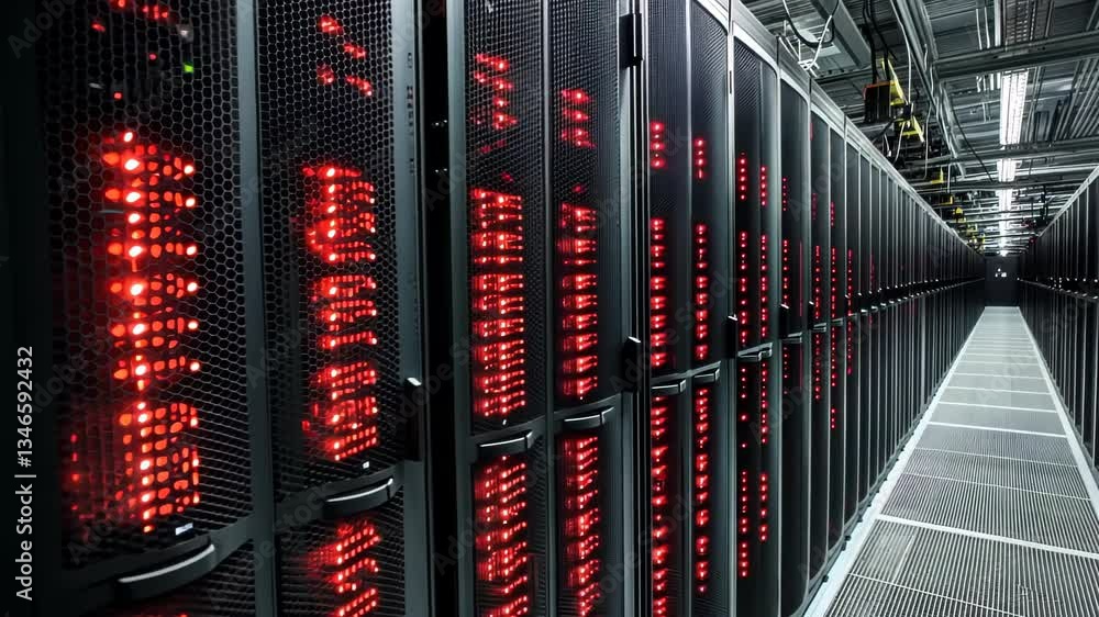Poster Exploring a large data center with rows of illuminated servers and advanced technology in operation