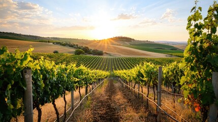 Fototapeta premium The interplay of soil and vines under golden sunset light, showcasing the beauty of winemaking.