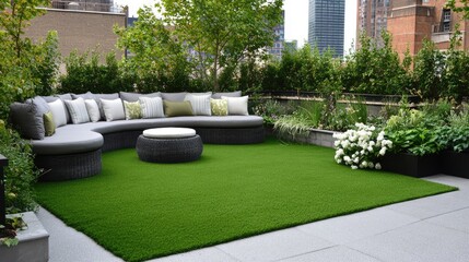 A rooftop garden with artificial grass in a soft pastel green tone