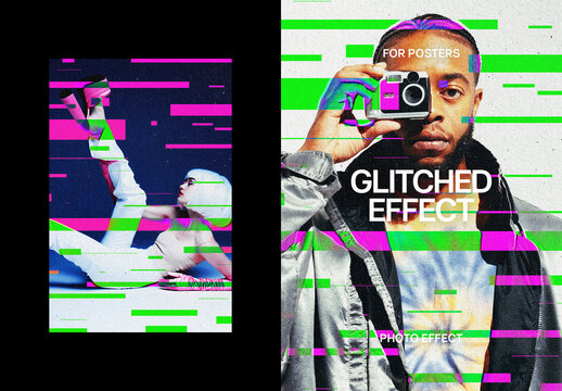 Inversion Glitch Poster Photo Effect Mockup