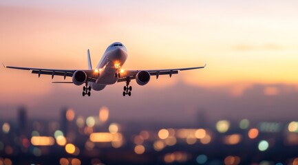 Fototapeta premium Commercial Airplane Landing at Sunset with City Lights in the Background