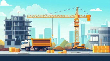 Construction site, crane, truck, urban background,  building under development, illustration, cartoon, flat style, possible use stock photo