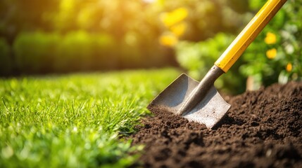A shovel digging into the ground to remove real grass before leveling