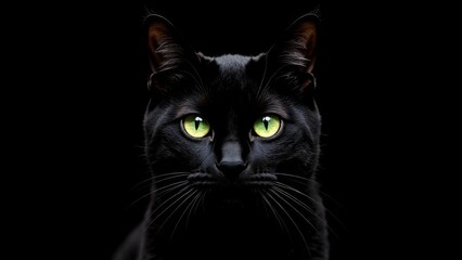 Black cat with green eyes on a black background 