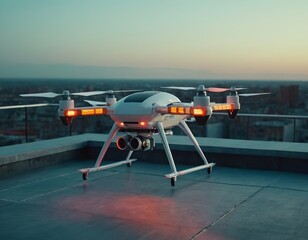A sleek white drone with illuminated rotors rests on a rooftop at sunset.