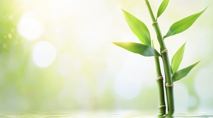Fresh Green Bamboo Leaves with Sunlight Reflection Over a Tranquil Lake