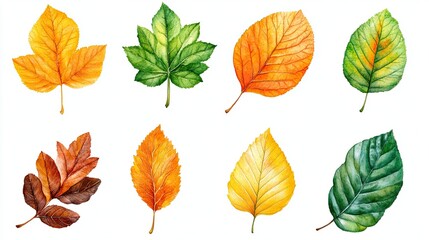 Collection of autumn leaves in various shades of green, orange, and yellow, isolated PNG transparent format. 