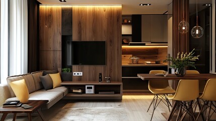 A small apartment living room layout with a compact -seater sofa and a functional media unit
