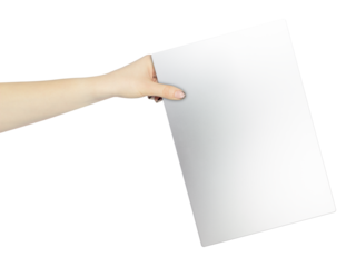 closed laptop in hand, outstretched hand with closed laptop isolated from background