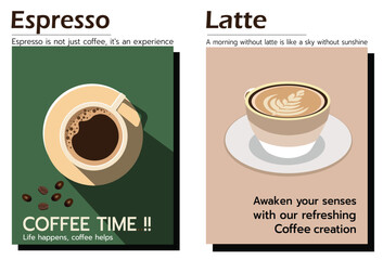A beautifully designed vector coffee poster featuring stylish espresso and latte illustrations, paired with inspiring coffee quotes. Ideal for caf&eacute;s, coffee lovers, and kitchen decor.
